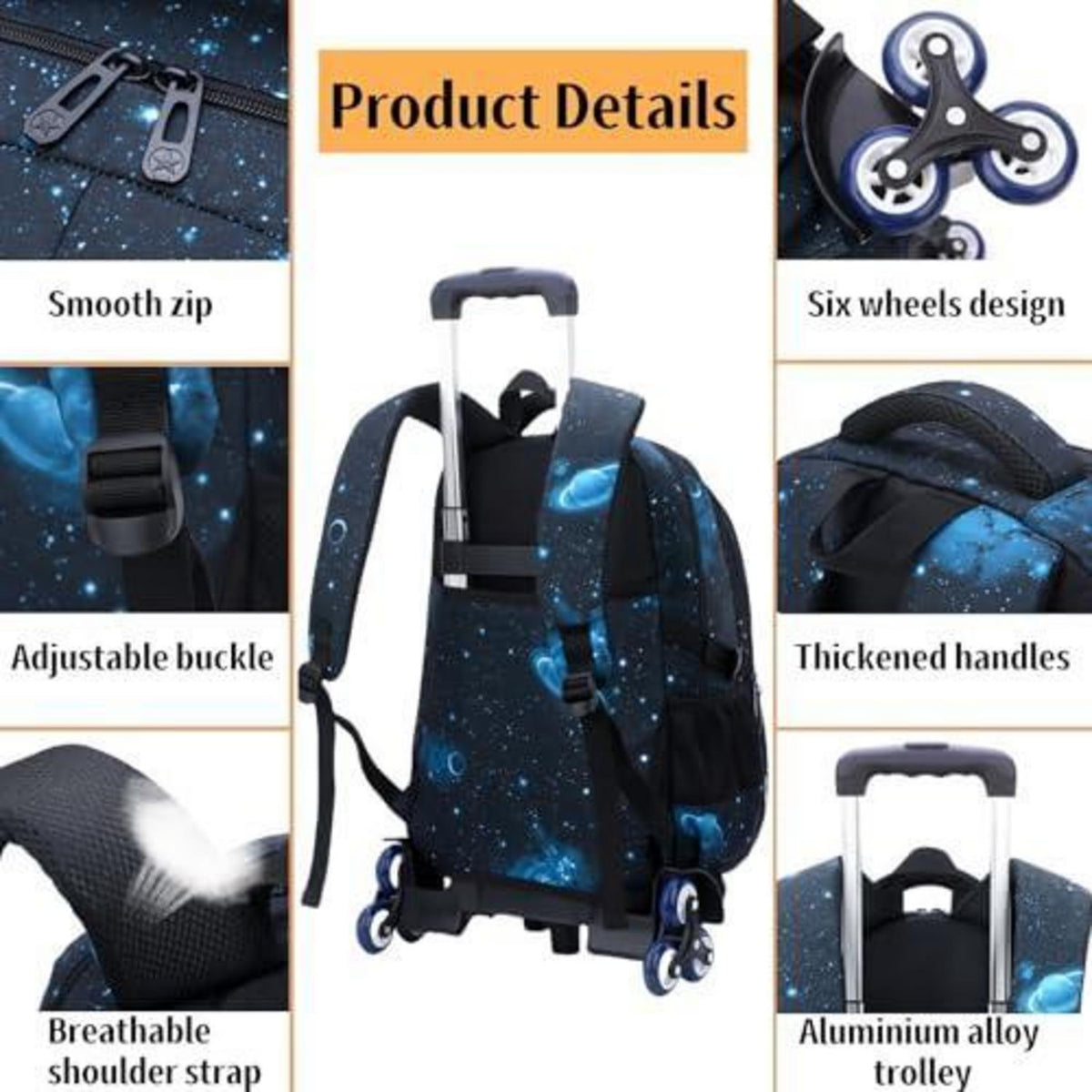 Trolley Schulranzen für Jungen – Abnehmbarer Rucksack mit Rollen, Blau