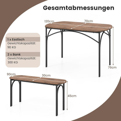 Esstisch Set 3-teilig mit Bänken – Rustikales Braun