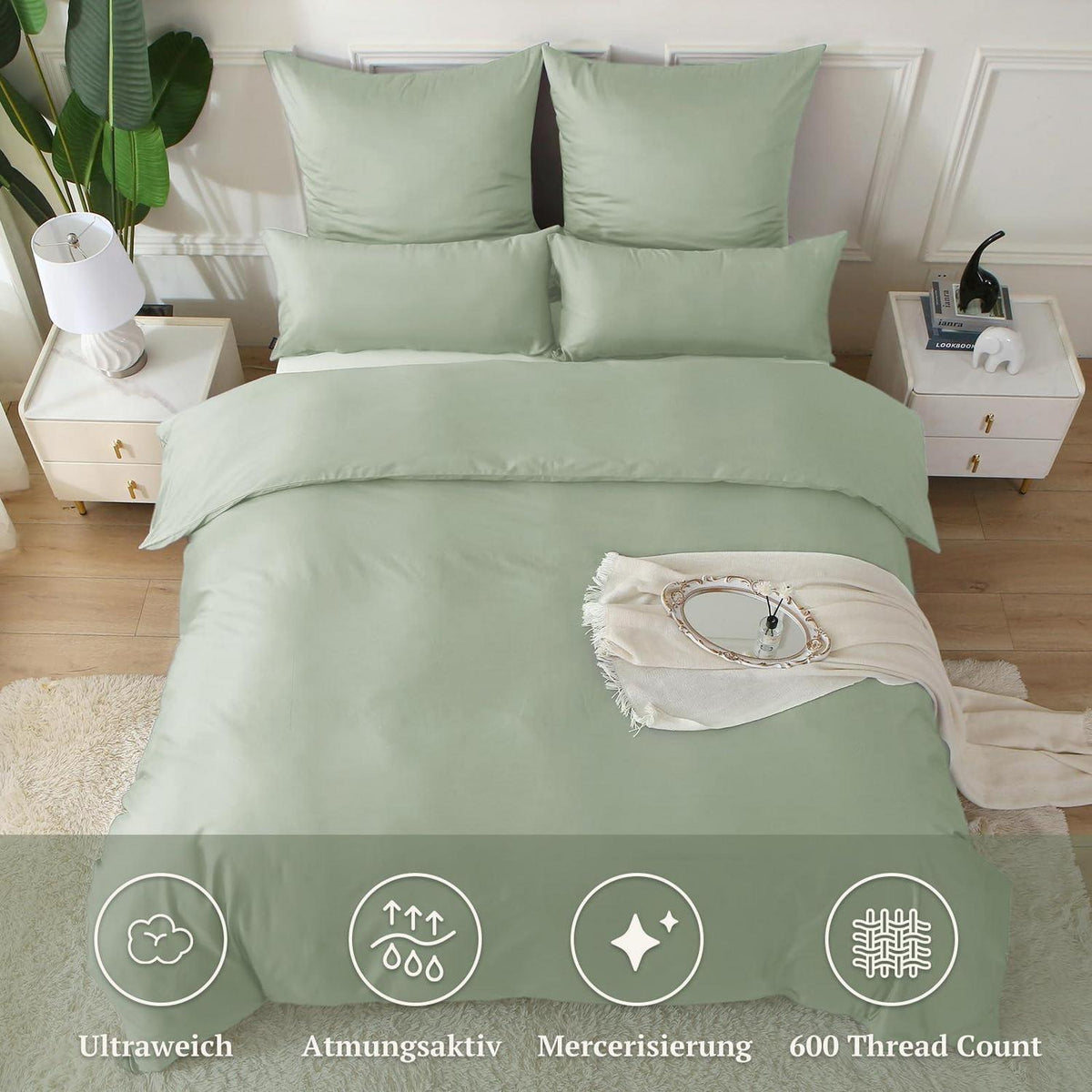 Satin Bettwäsche Set 220x240 - Salbeigrün, 3-teilig