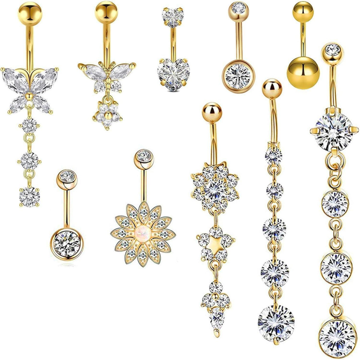 10er Set Bauchnabelpiercing Schmetterling Herz Blume Gold