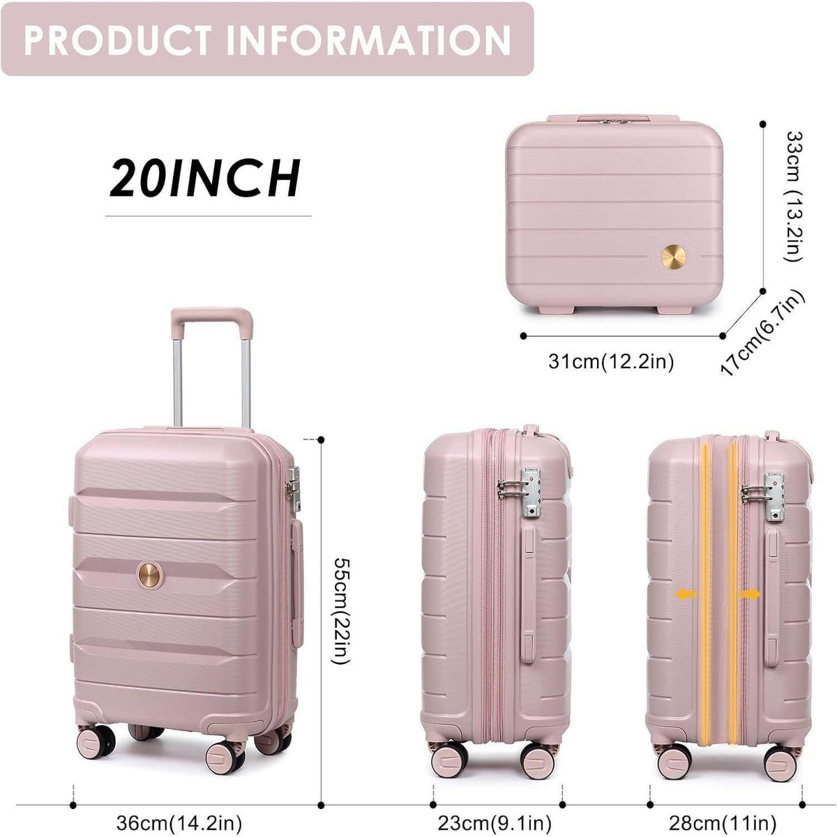 Rosa Handgepäckkoffer Trolley Erweiterbar mit TSA-Schloss 55cm