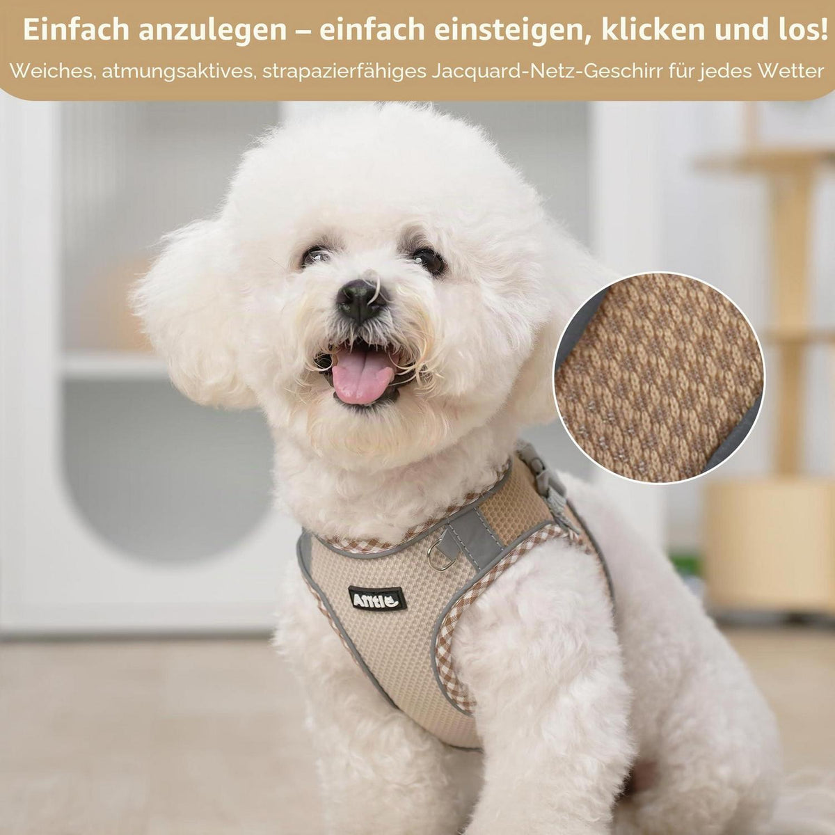 Hundegeschirr Ausbruchssicher mit Leine – Atmungsaktiv & Reflektierend Braun-Beige M