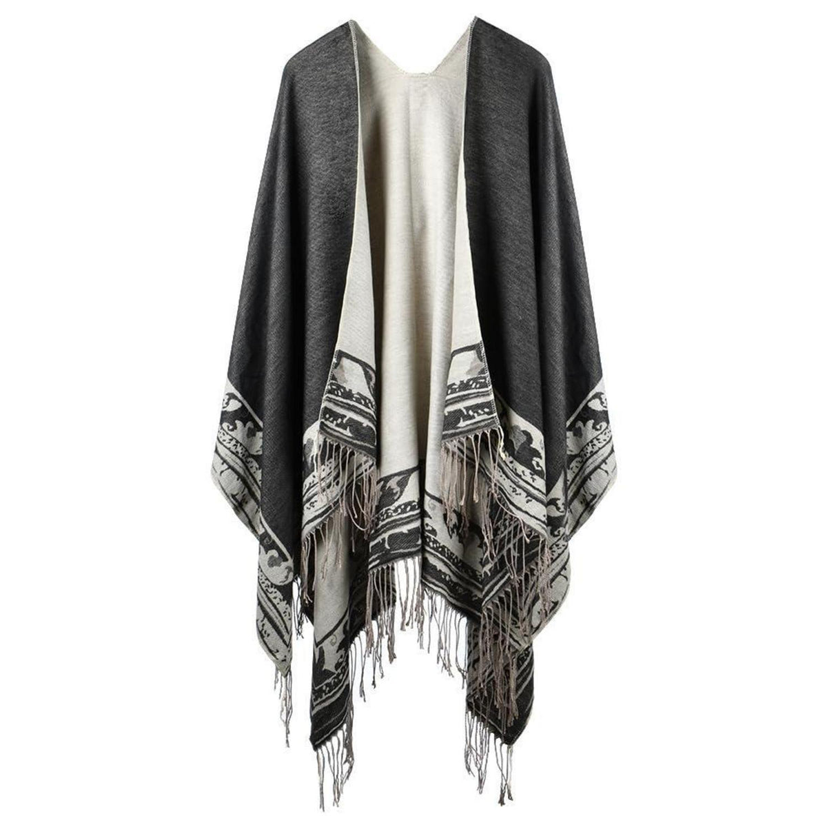 Damen Poncho Schal mit Quasten | Weicher Übergroßer Strickcardigan