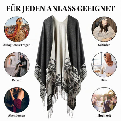 Damen Poncho Schal mit Quasten | Weicher Übergroßer Strickcardigan