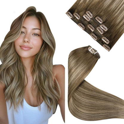 Echthaar Clip-in Extensions Braun Balayage 35cm