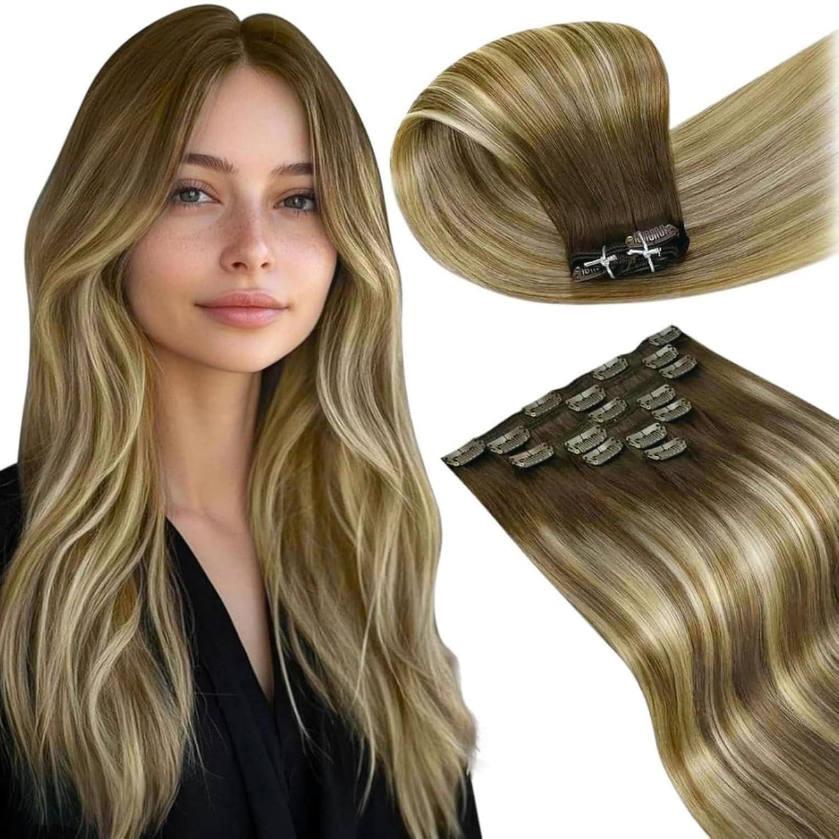 Echthaar Clip-in Extensions Ombre Braun-Blond 35cm