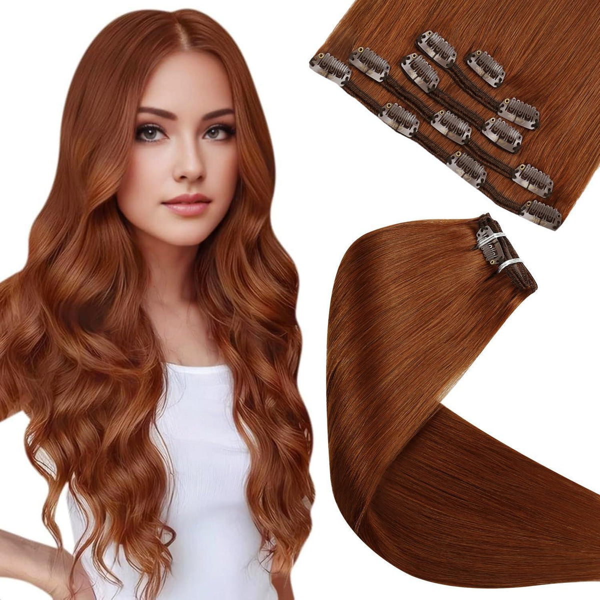 Rote Clip-in Haarverlängerung Echthaar 35cm - 5 Stück