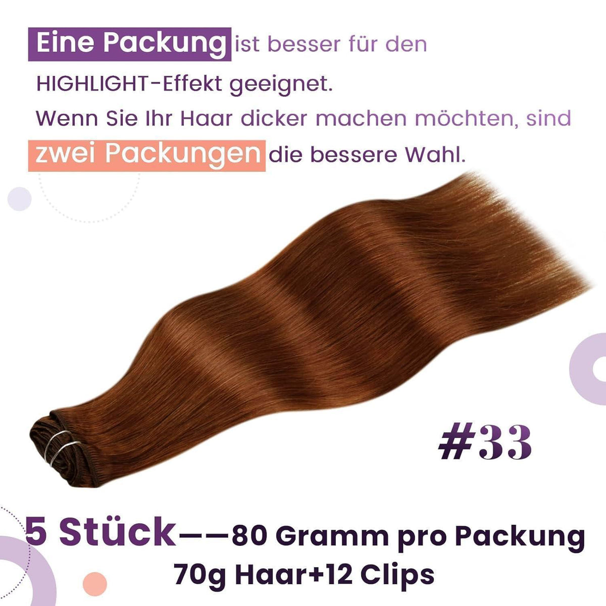 Rote Clip-in Haarverlängerung Echthaar 35cm - 5 Stück