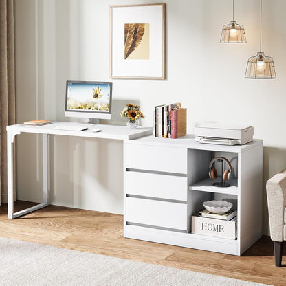 L-förmiger Schreibtisch mit Schubladen & Regalen – Weißes Homeoffice