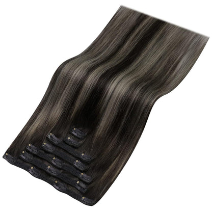 Clip-in Echthaar Extensions Ombre Schwarz Silber 50cm