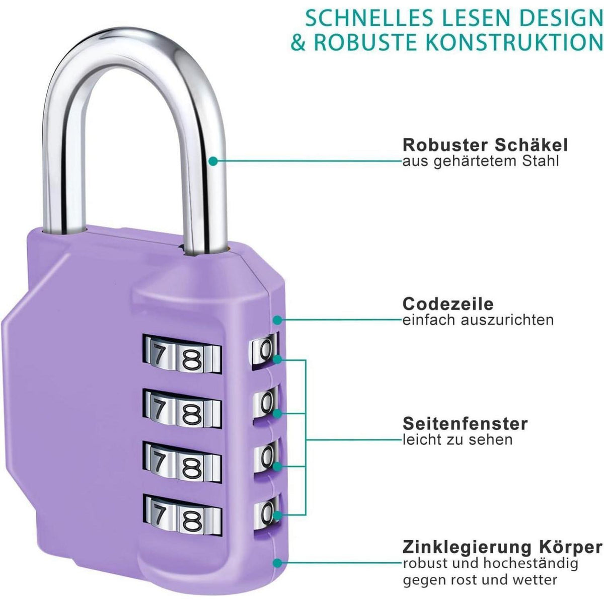 ZHEGE Zahlenschloss 4-stellig, wetterfest, violett