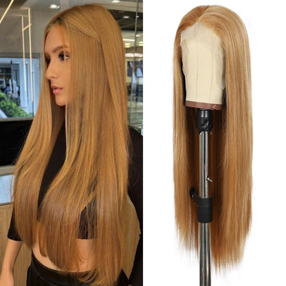 Lange Gerade Perücke 26 Zoll Gelbbraun Lace Front Synthetik