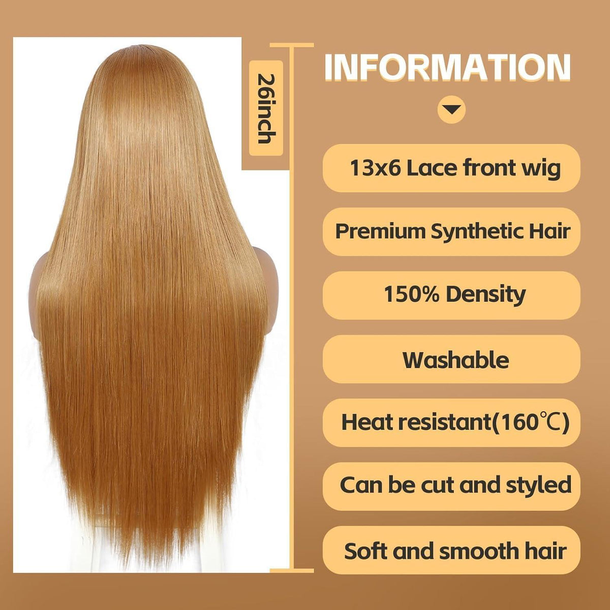 Lange Gerade Perücke 26 Zoll Gelbbraun Lace Front Synthetik
