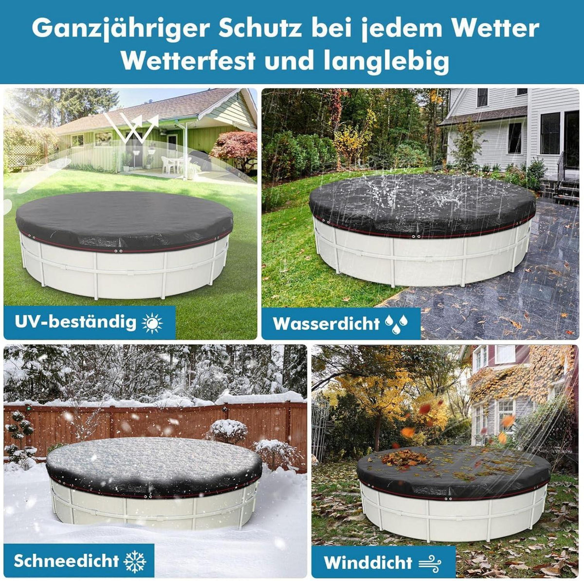 Runde Poolabdeckung Ø370cm Ø260-320cm Pool UV-resistent 200g/m²PE