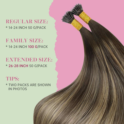 Echthaar Nano Ring Extensions Balayage Dunkelbraun Karamellblond 55cm