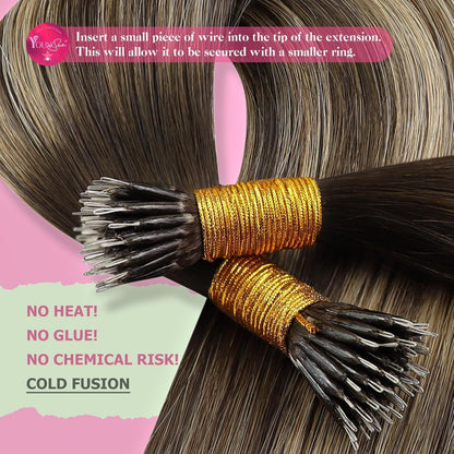 Echthaar Nano Ring Extensions Balayage Dunkelbraun Karamellblond 55cm