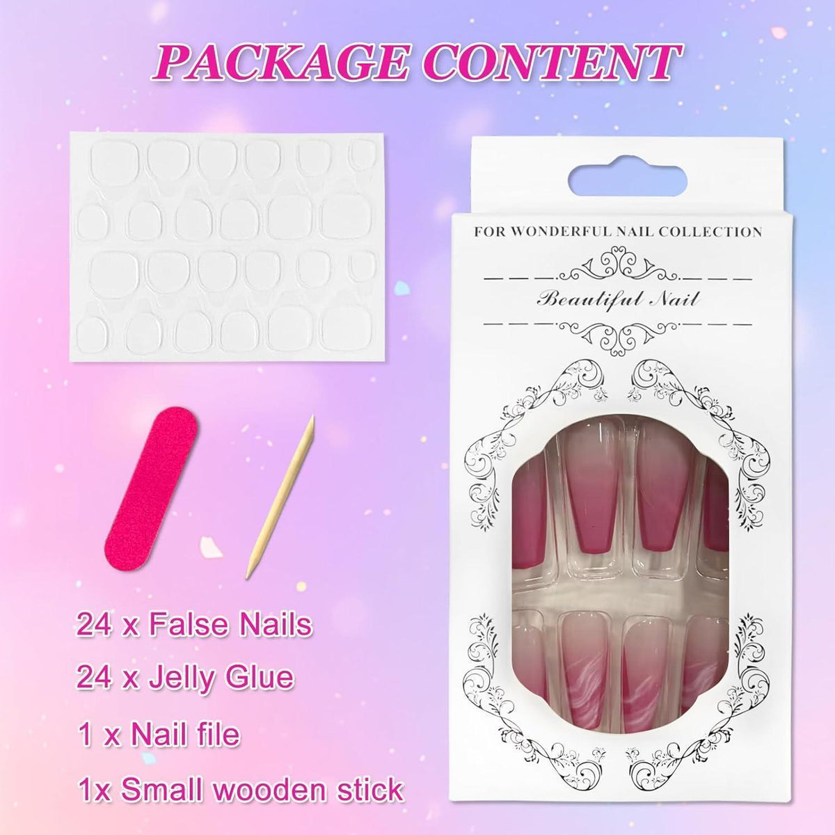 24 Press On Nails Rosa Farbverlauf – Mittellange, Eckige Falsch Nägel