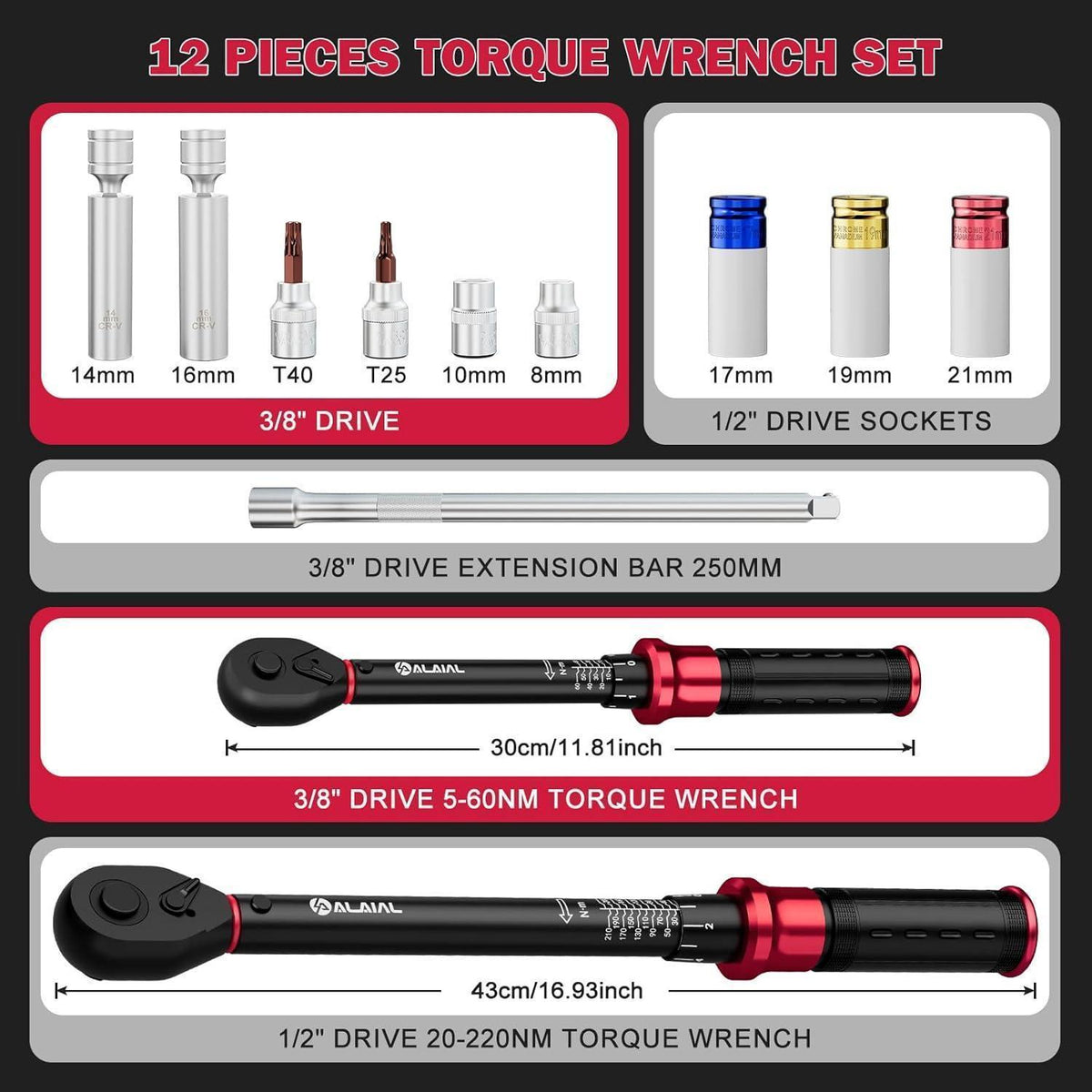 Drehmomentschlüssel Set 1/2" & 3/8" 12-teilig mit Zubehör