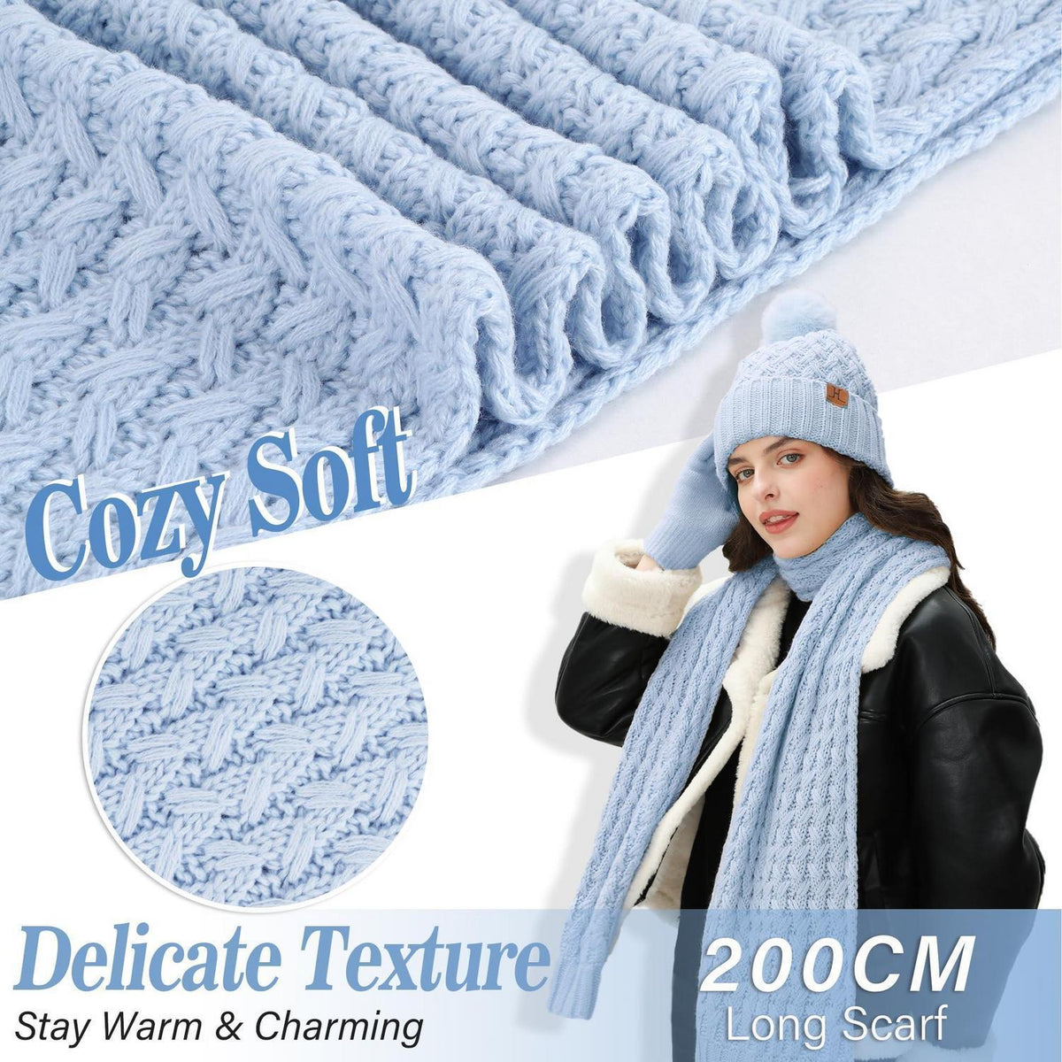 Winter Mütze, Schal & Handschuhe Set Damen - Himmelblau