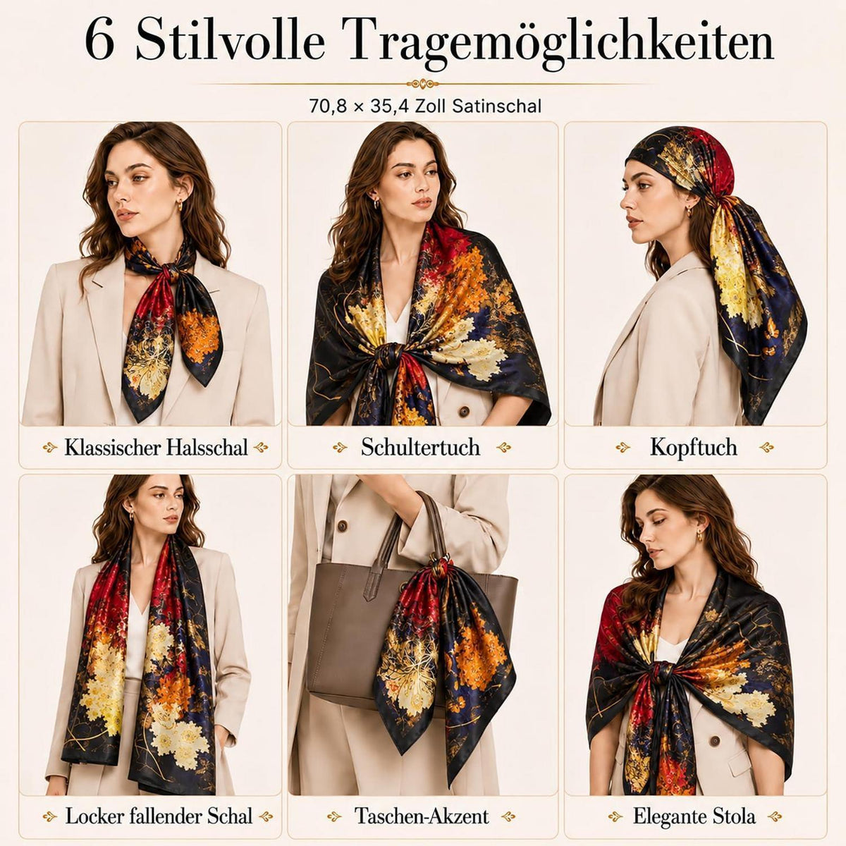 Seidenschal Damen Blume Blätter Print Ganzjährig 180x90cm