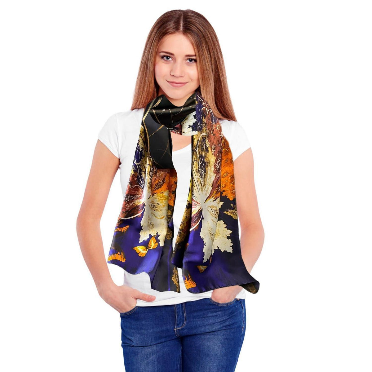 Seidenschal Damen Blume Blätter Print Ganzjährig 180x90cm