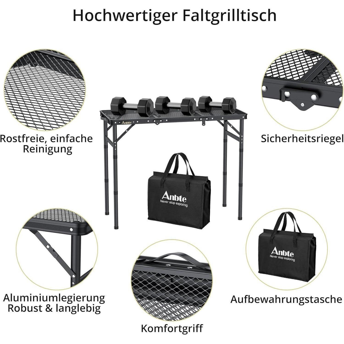Aluminium Campingtisch klappbar mit 3 Höhen, 88x40cm, Schwarz