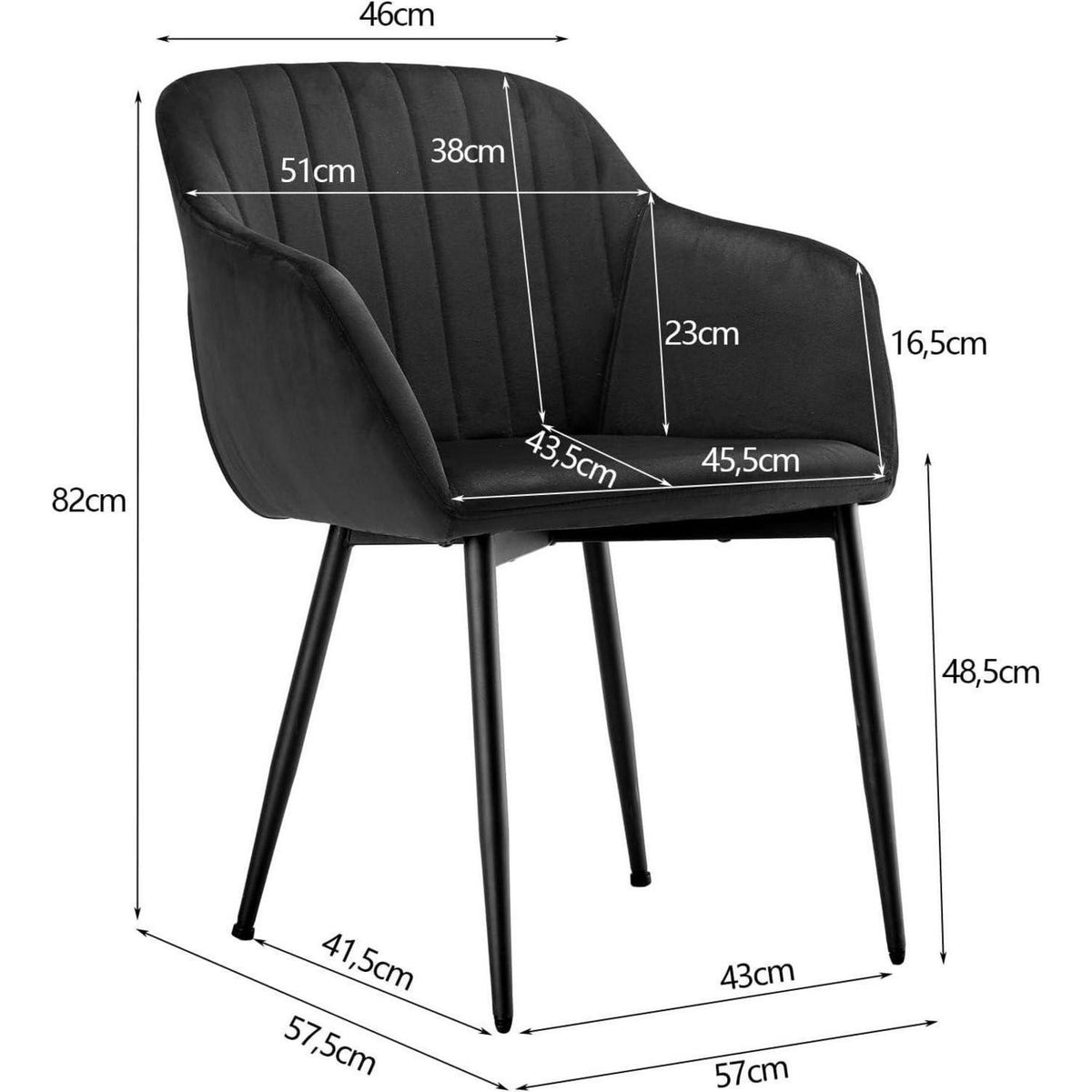 6er Set Samt Esszimmerstühle mit Armlehnen, Schwarz