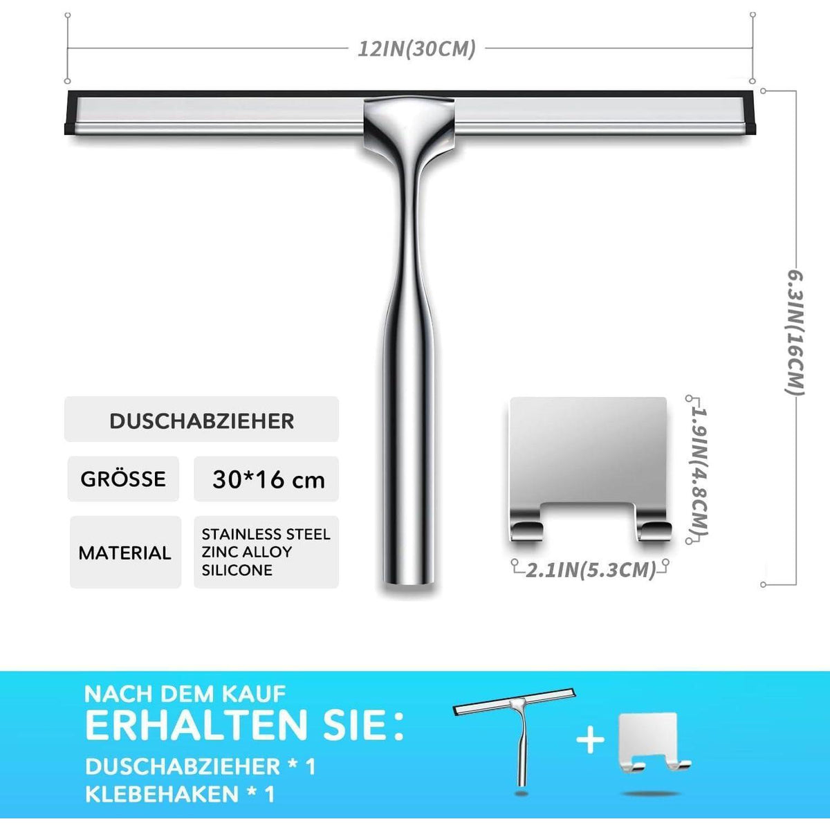Duschabzieher 30cm Edelstahl mit Haken, Silber