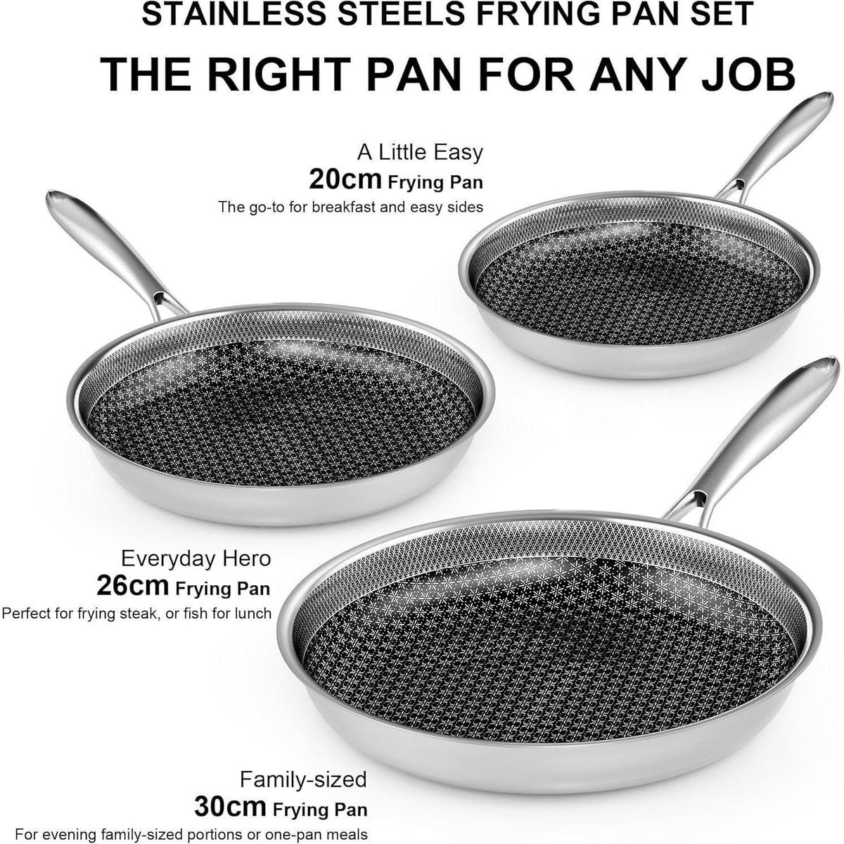 Edelstahl Pfannenset Induktion Antihaft 20cm, 26cm, 30cm Wok