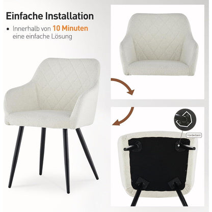 CLIPOP Esszimmerstühle 2er Set Bouclé Nebelweiß mit Armlehne