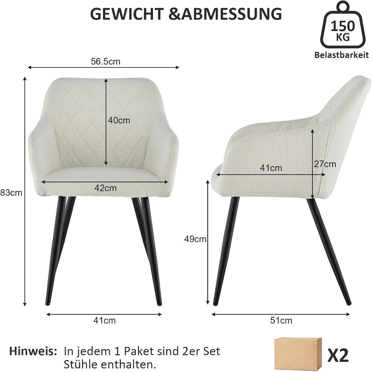 CLIPOP Esszimmerstühle 4er Set Bouclé Nebelweiß mit Armlehne