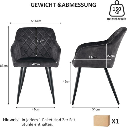 CLIPOP Esszimmerstühle 2er Set Samt Kohlenstoffgrau mit Armlehne
