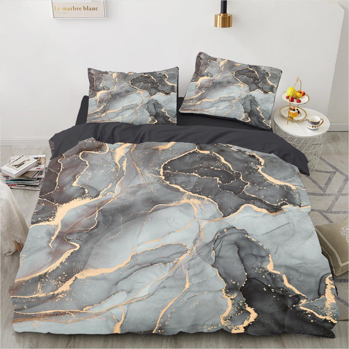 3D Marmor Bettwäsche Set Grau Gold 135x200cm