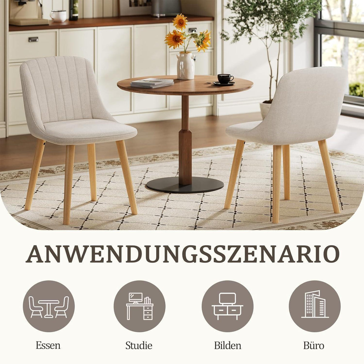 Esszimmerstuhl Set Beige Holzbeine – 6er Polsterstuhl