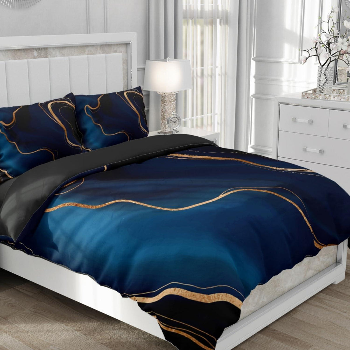 3D Marmor Bettwäsche Set Blau Gold 135x200cm