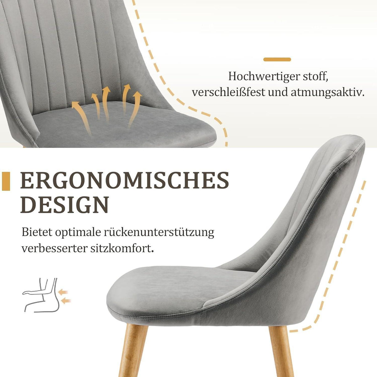 Samt Esszimmerstühle 6er Set mit Holzbeinen, Hellgrau