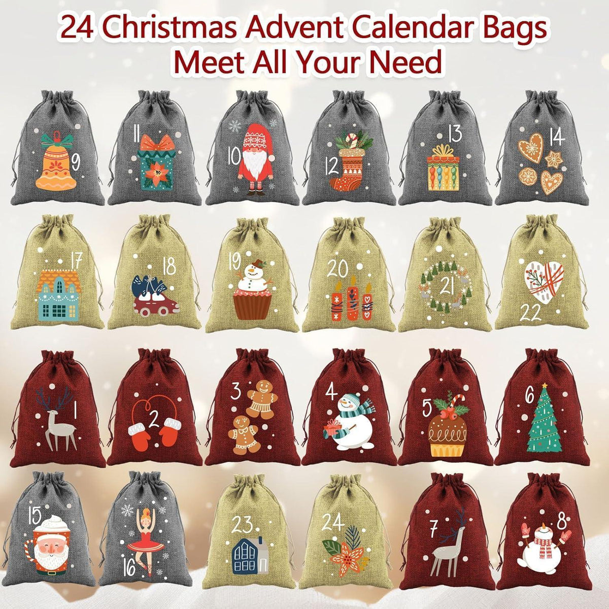 Adventskalender zum Befüllen, 24 Jutesäckchen mit Zahlen, DIY Weihnachtsdeko