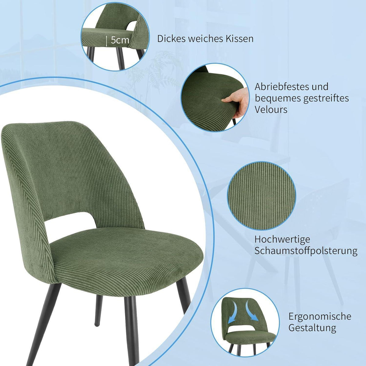Esszimmerstühle 6er Set, Samt, Grün – Gepolsterte Stühle für Küche & Wohnzimmer
