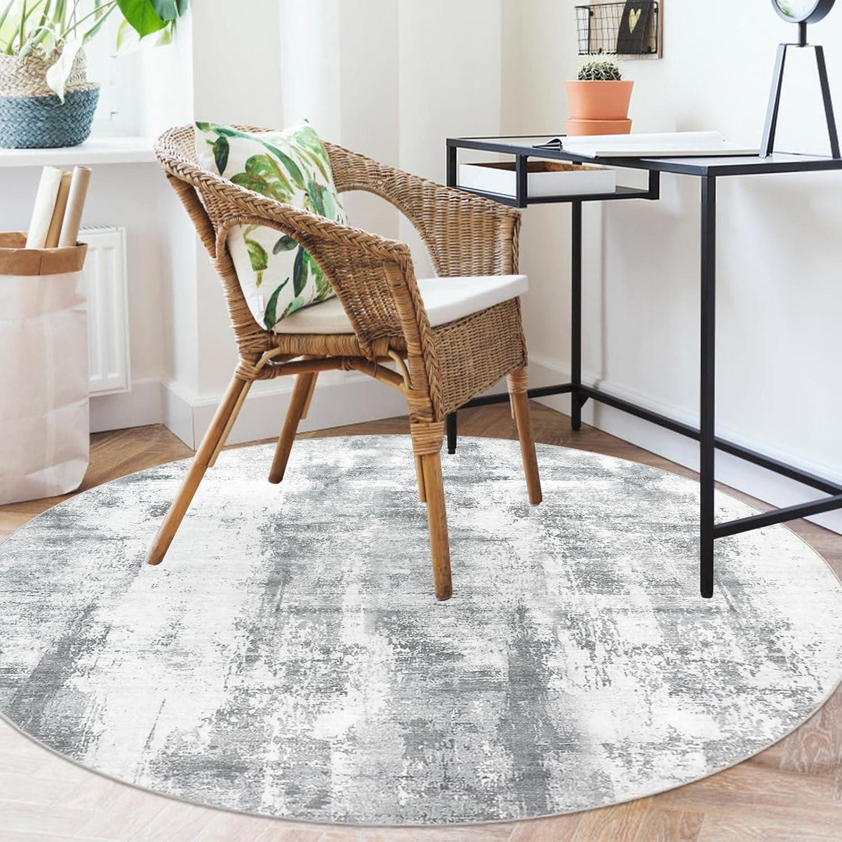 Runder Teppich Grau 150cm – Modern, Abstrakt & Waschbar