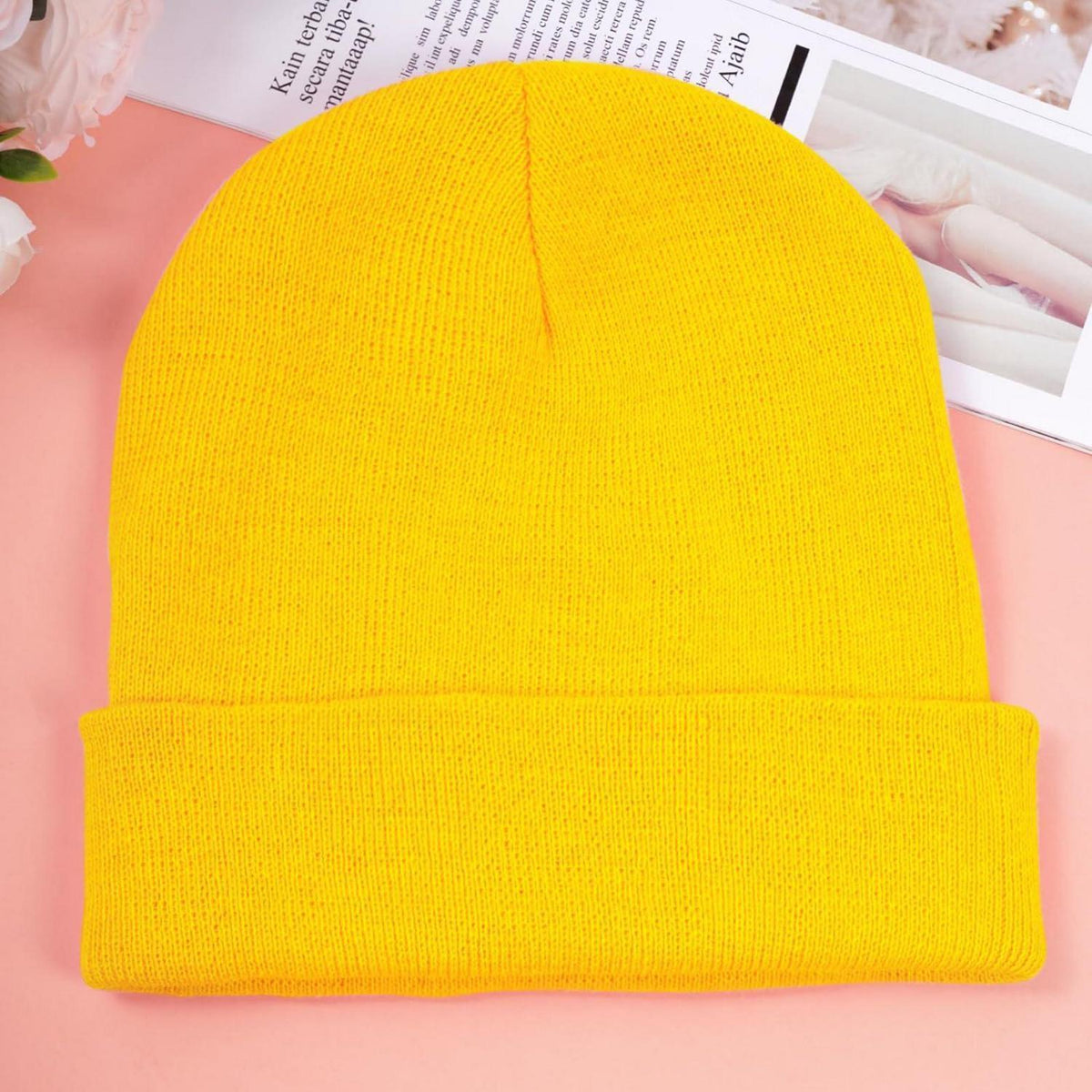 Strickmütze Beanie für Herren und Damen, dünn, warm, Einheitsgröße, Gelb