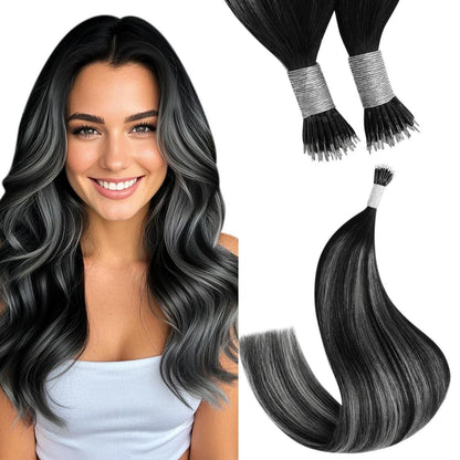 Echthaar Extensions Schwarz Balayage 60cm – Nano Ringe