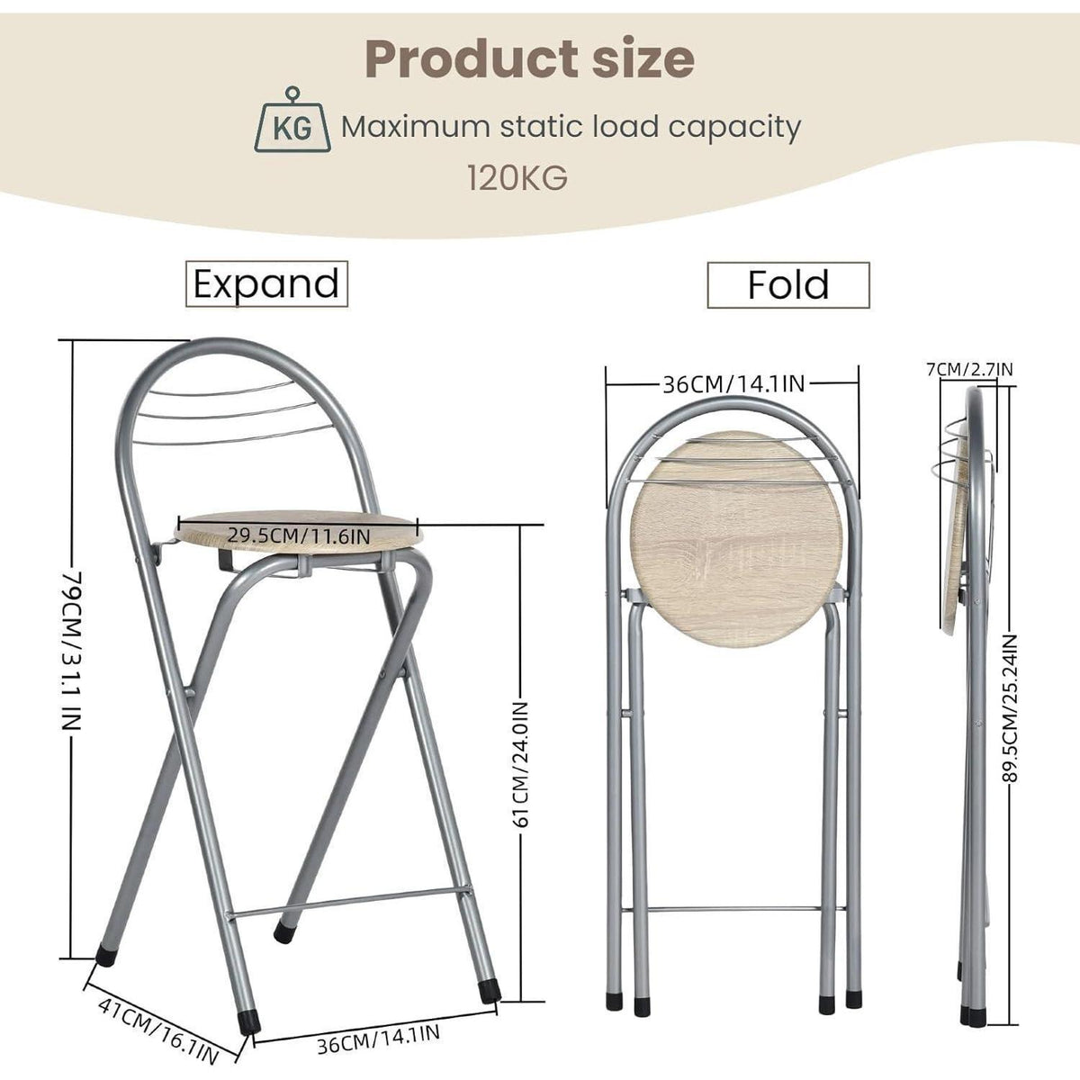 Klappbarer Barhocker 6er-Set – Holzmaserung & Silber, 61cm Sitzhöhe