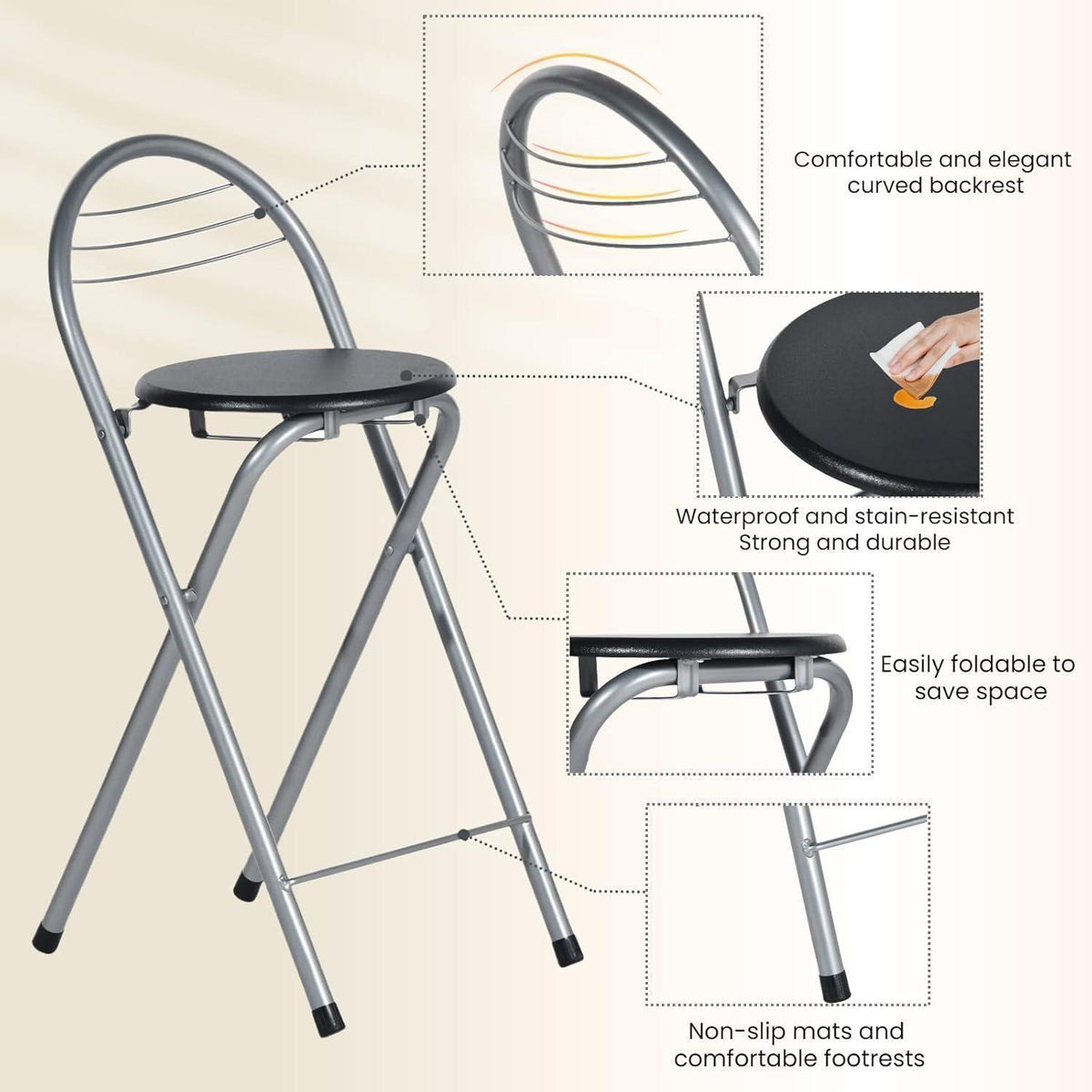 Klappbarer Barhocker – Schwarz & Silber, 61cm Sitzhöhe