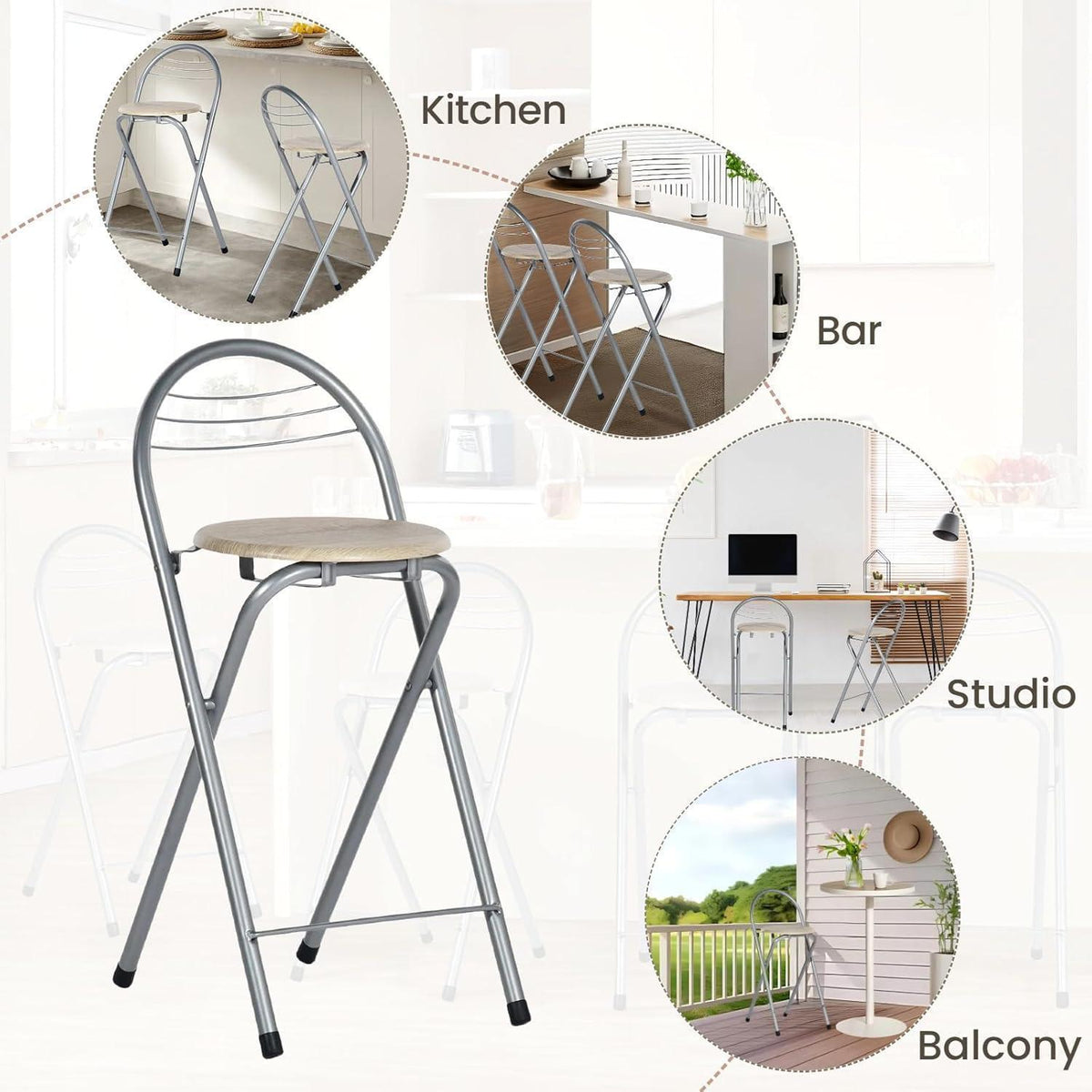 Klappbarer Barhocker Holzoptik & Silber – 61cm Sitzhöhe