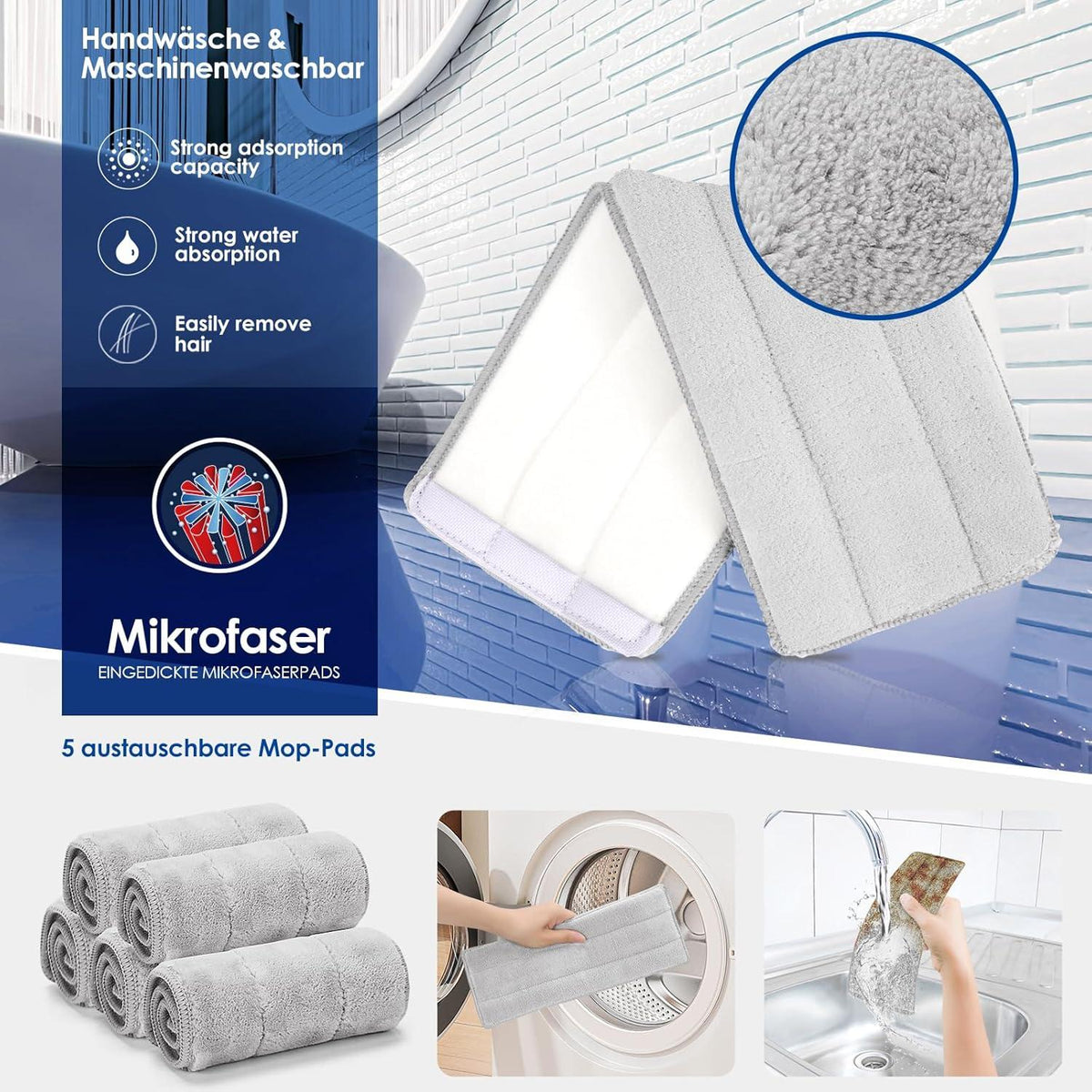 Wischmopp Set mit Eimer, Bodenwischer, 138cm Flachmopp, Auswringfunktion - 6
