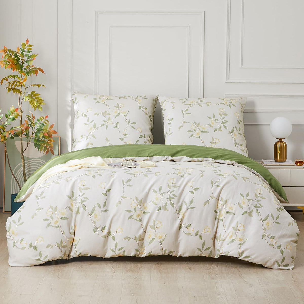 Baumwoll Bettwäsche Set 200x220 Weiß Grün Blumen 3tlg.