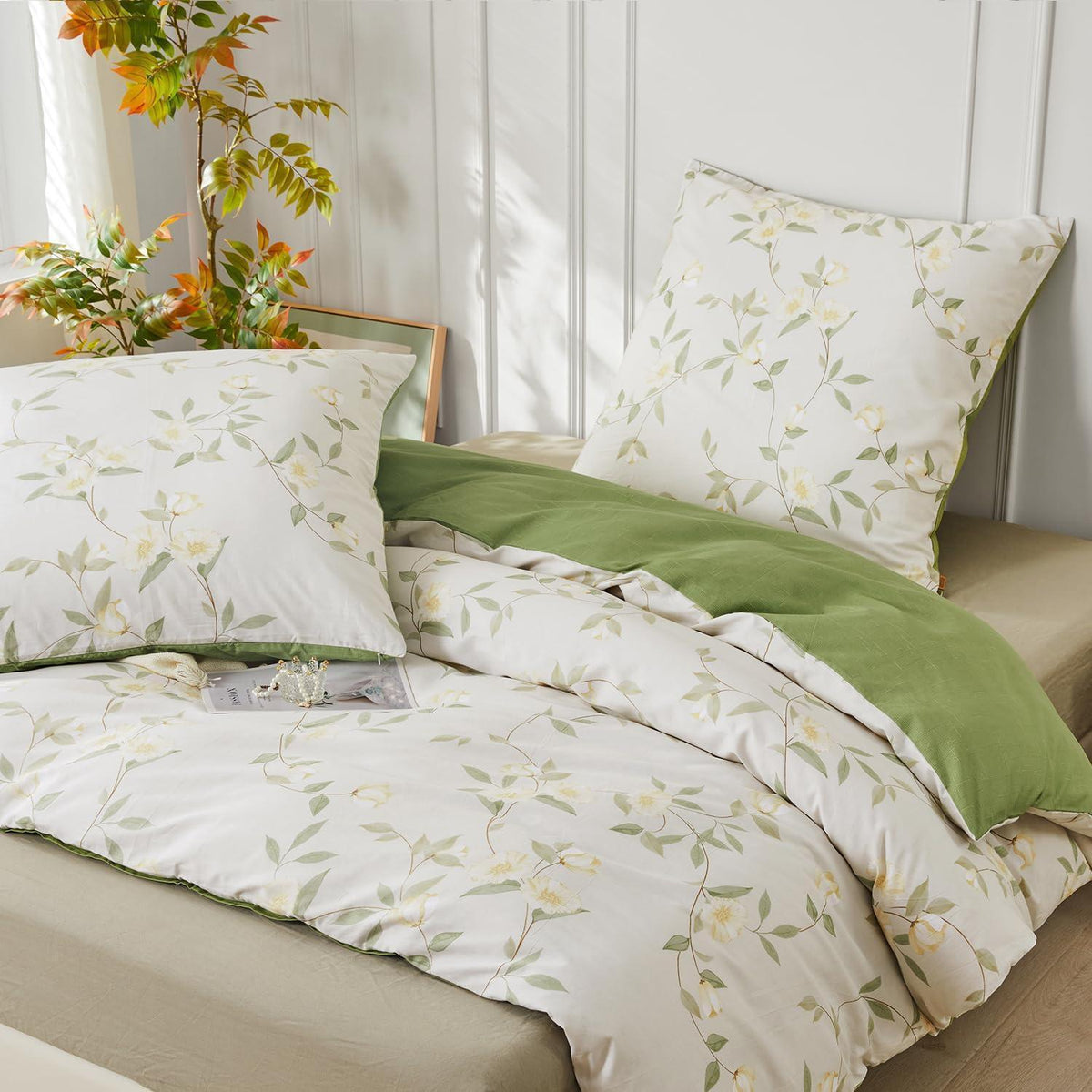Baumwoll Bettwäsche Set 200x220 Weiß Grün Blumen 3tlg.