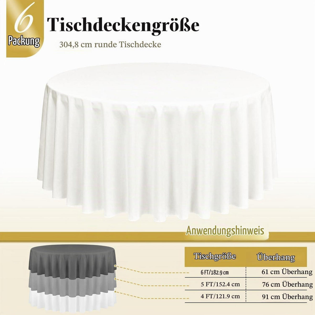 6x Runde Tischdecke Elfenbein 305cm – Waschbar & Knitterfrei