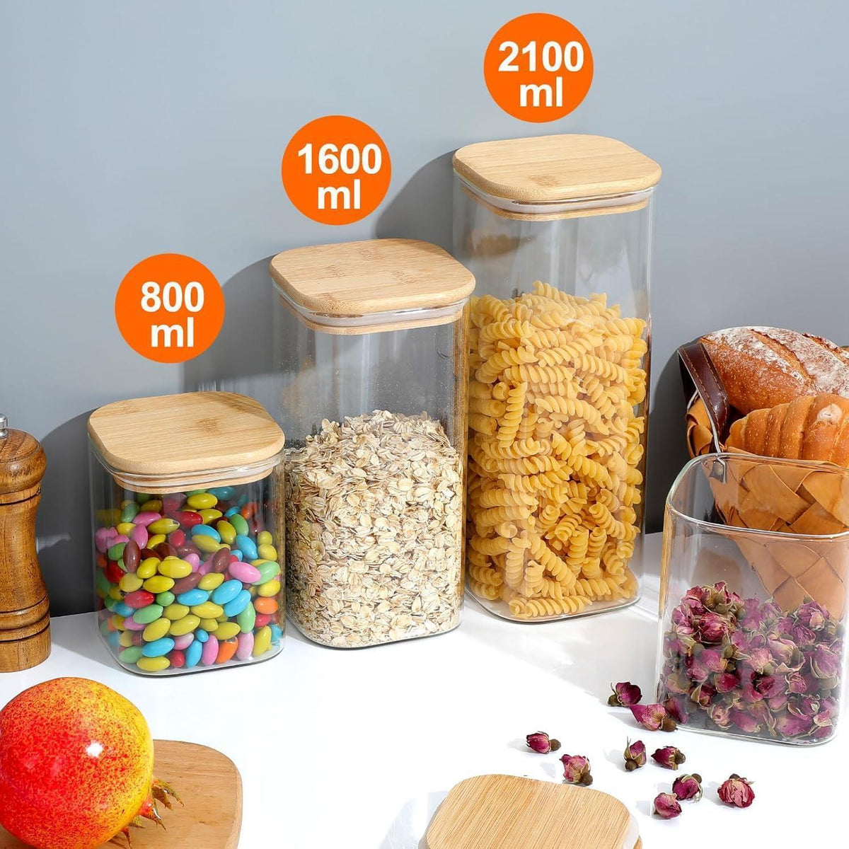 Vorratsgläser 2er Set 2200ml mit luftdichtem Bambusdeckel