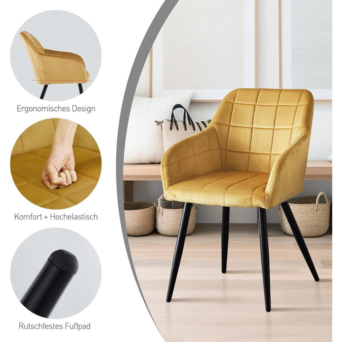 Samt Esszimmerstühle 4er Set – Tulpengold, Bequem & Robust